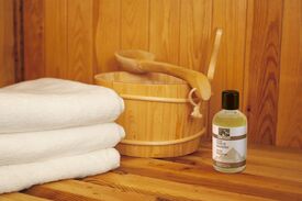 Innenaufnahme der Sauna mit Holzverkleidung und Sitzbänken